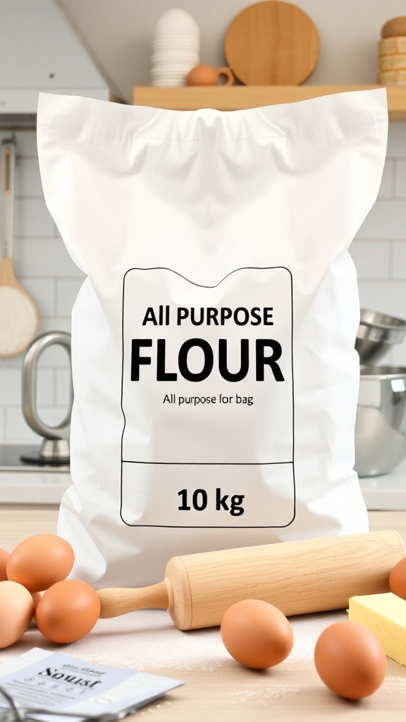 Bulk All-Purpose Flour Guide 10 kg bag of all-purpose flour on a kitchen counter with baking tools and ingredients.